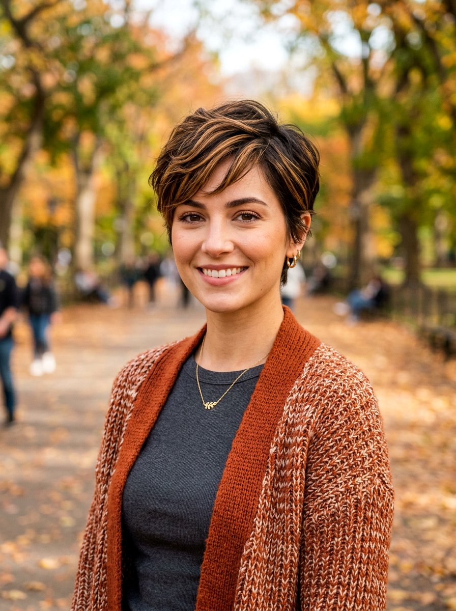 Caramel Highlight Pixie Cut - 20 dimensional pixie hair color ideas - 20 dimensional pixie hair color ideas