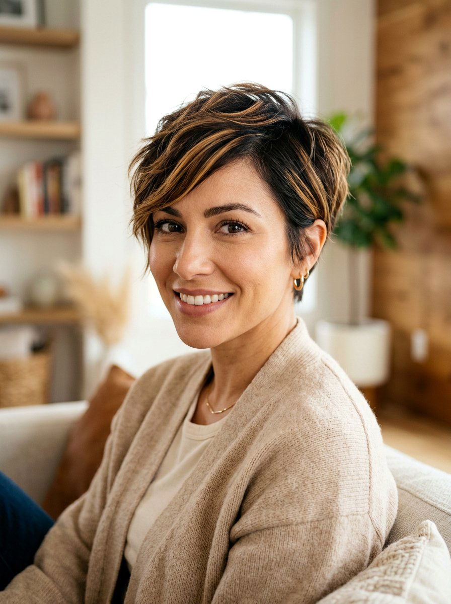 Caramel Highlight Pixie Hair - 20 pixie hair color ideas for mature women - 20 pixie hair color ideas for mature women