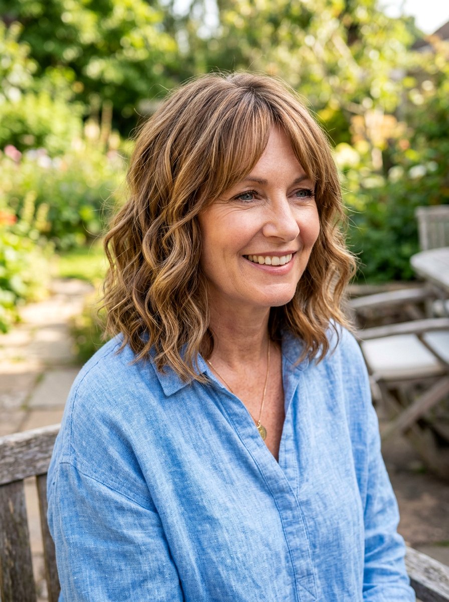 Caramel Highlighted Wavy Bob - 20 layered bob with curtain bangs for women over 50 - 20 layered bob with curtain bangs for women over 50