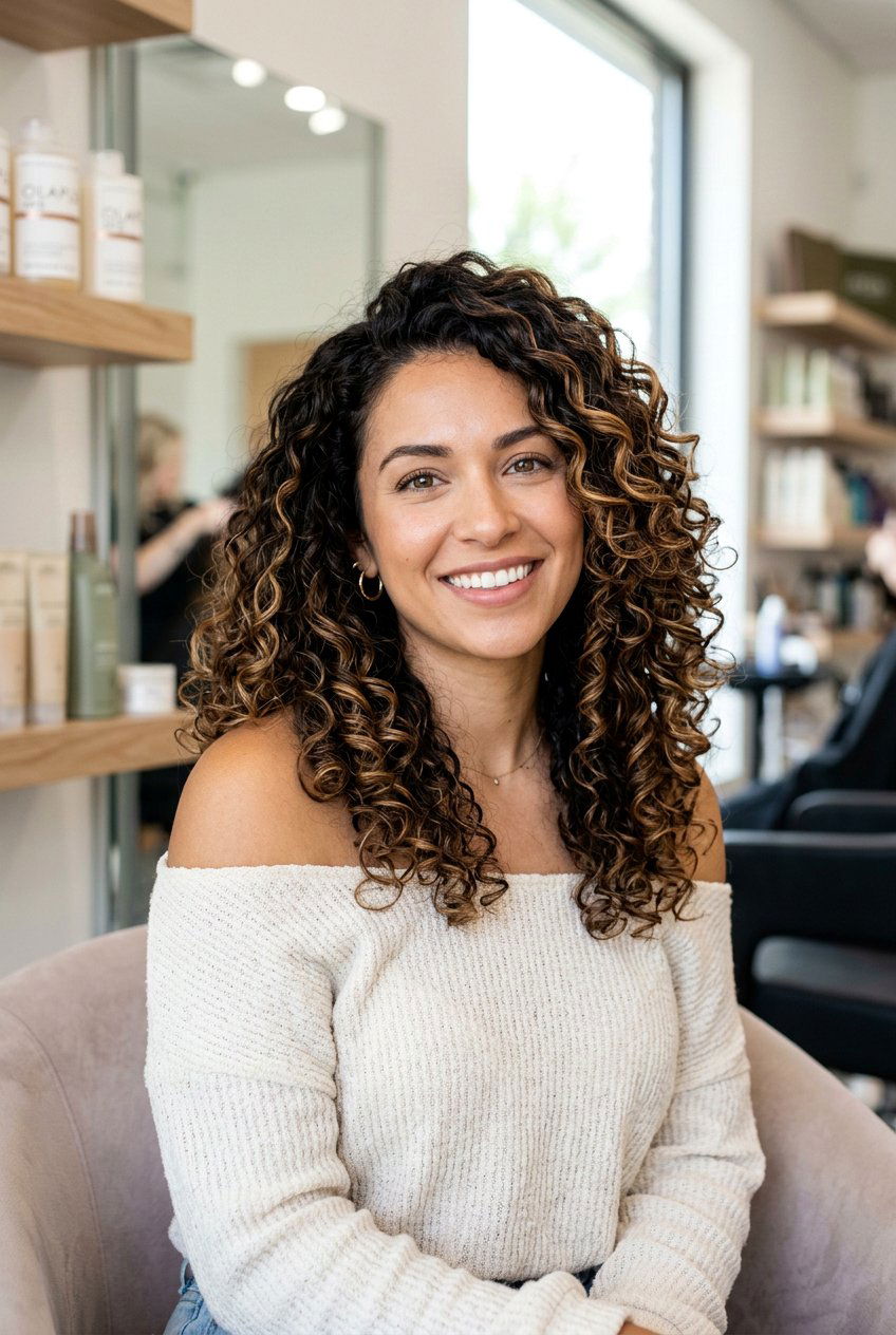 Caramel Highlights on Curly Brunette Hair - 20 soft brunette highlights - 20 soft brunette highlights