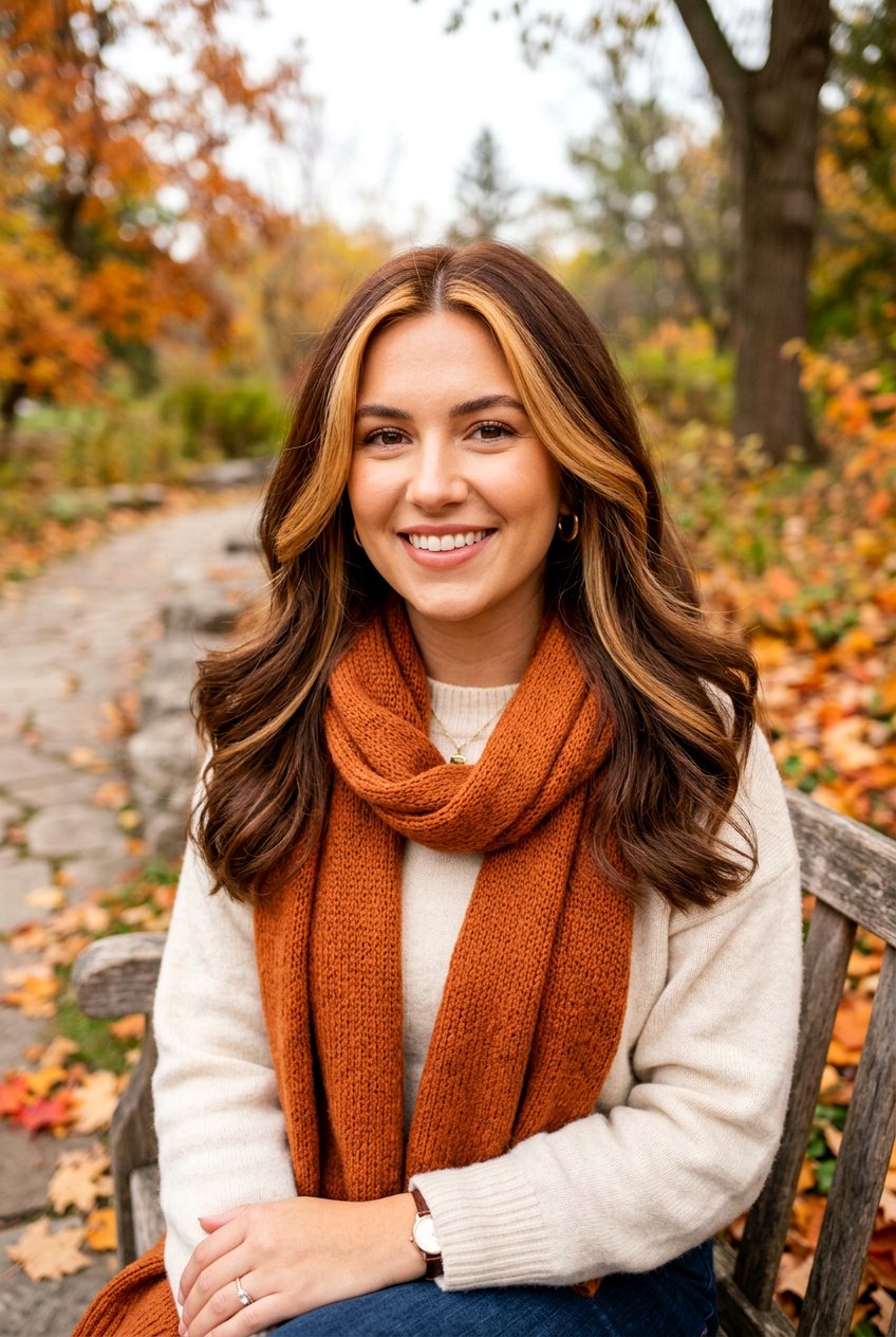 Caramel Money Piece On Chestnut Hair - 20 chunky blonde front pieces - 20 chunky blonde front pieces