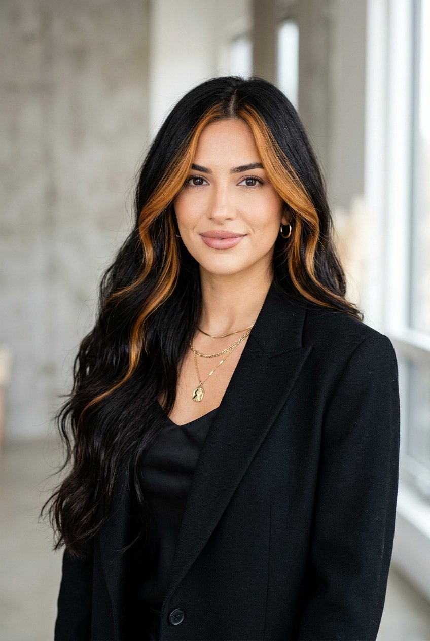 Caramel Money Piece on Black Brunette Hair - 20 brunette hair with caramel money piece - 20 brunette hair with caramel money piece