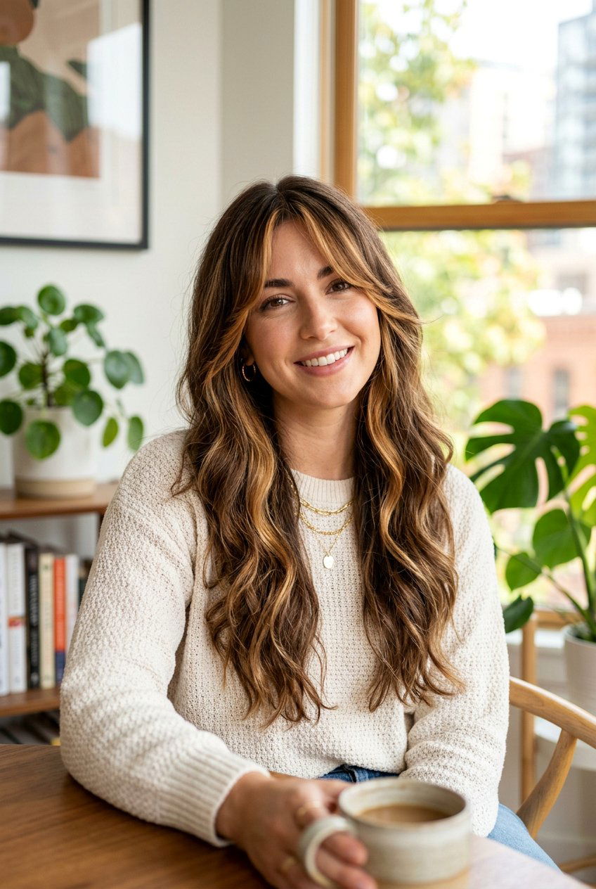 Caramel Money Piece on Brunette Curtain Bangs - 20 brunette hair with caramel money piece - 20 brunette hair with caramel money piece