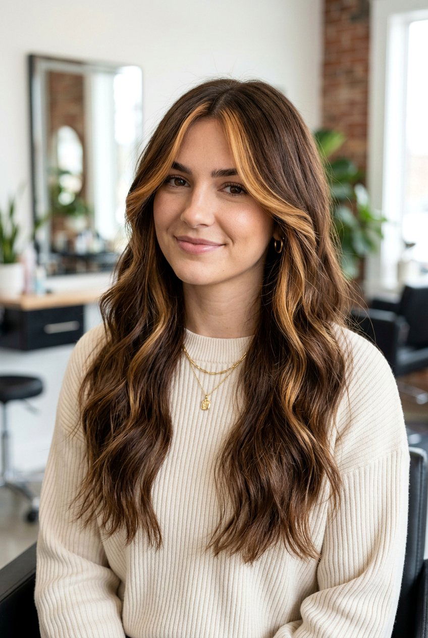 Caramel Money Piece on Brunette Hair with Curtain Part - 20 brunette hair with caramel money piece - 20 brunette hair with caramel money piece