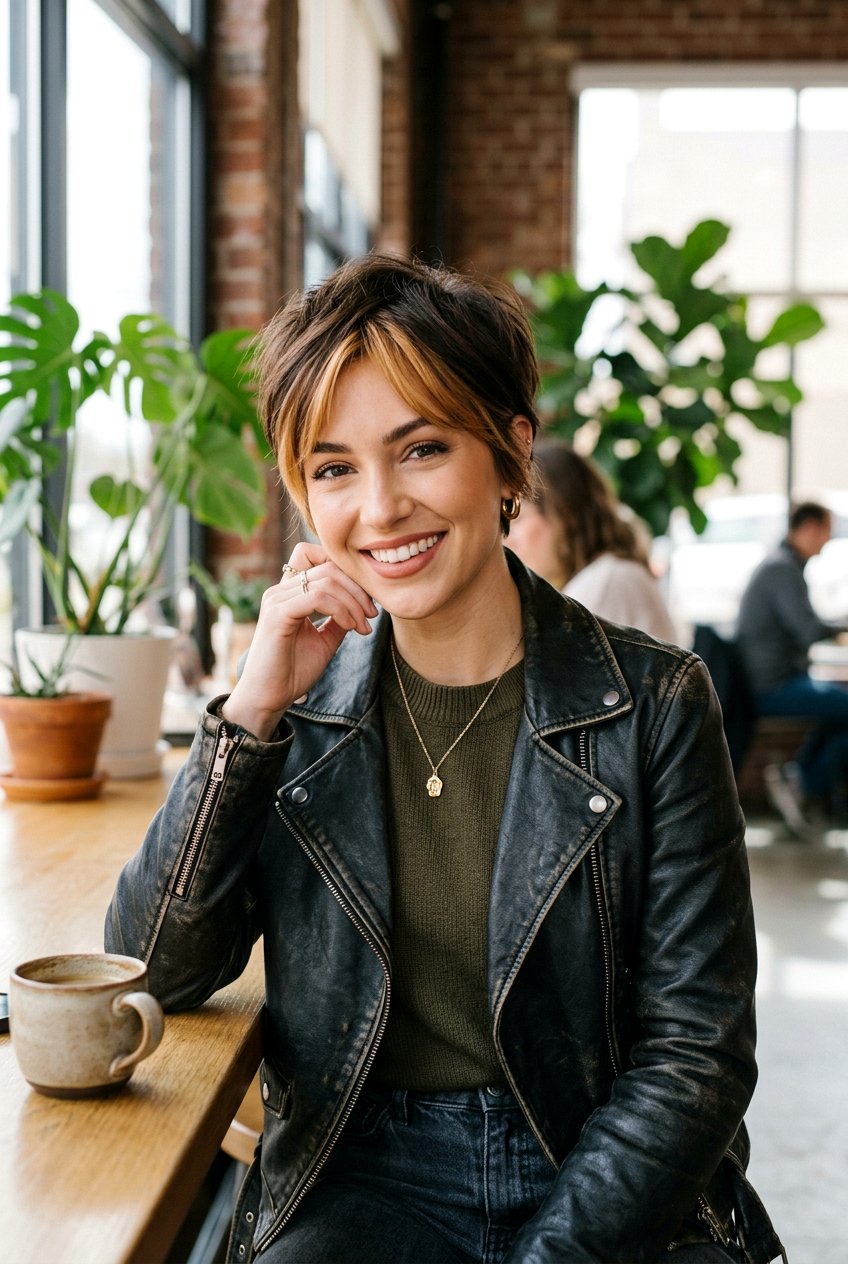 Caramel Money Piece on Brunette Pixie Cut - 20 brunette hair with caramel money piece - 20 brunette hair with caramel money piece