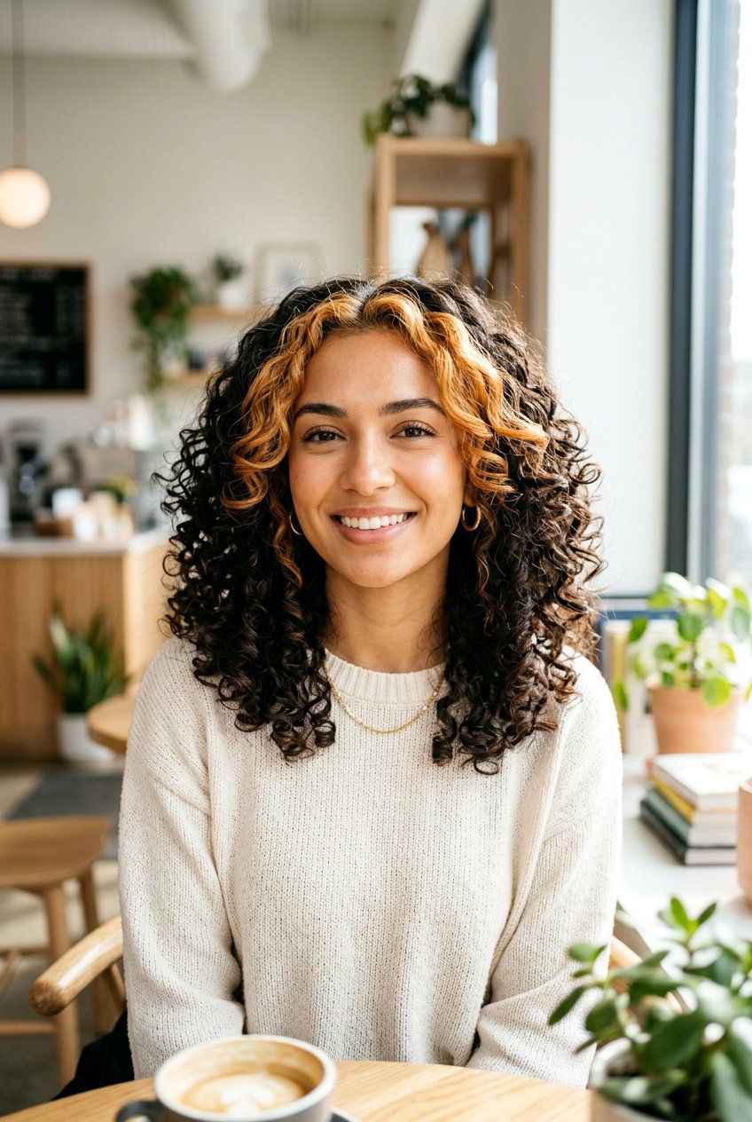 Caramel Money Piece on Curly Brunette Hair - 20 brunette hair with caramel money piece - 20 brunette hair with caramel money piece