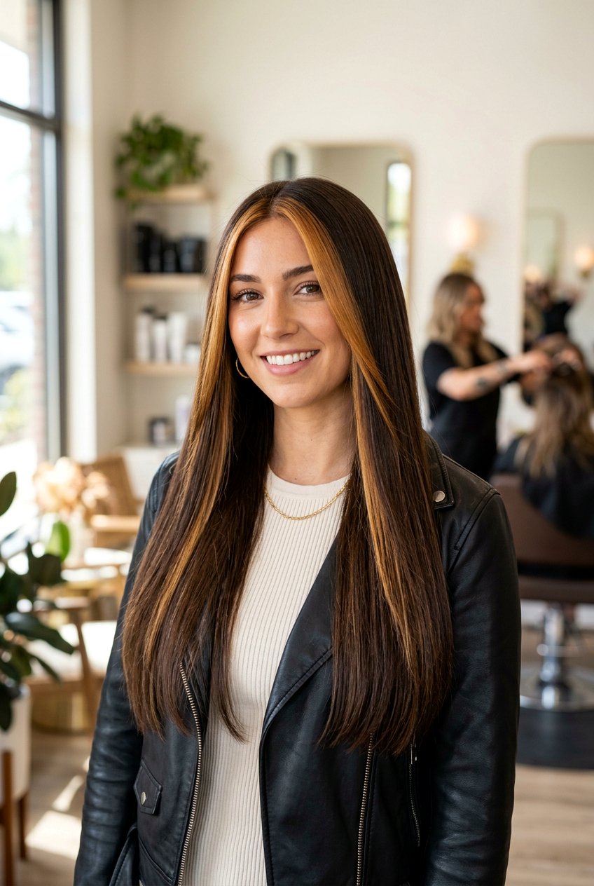 Caramel Money Piece on Dark Chocolate Brown Hair - 20 brunette hair with caramel money piece - 20 brunette hair with caramel money piece