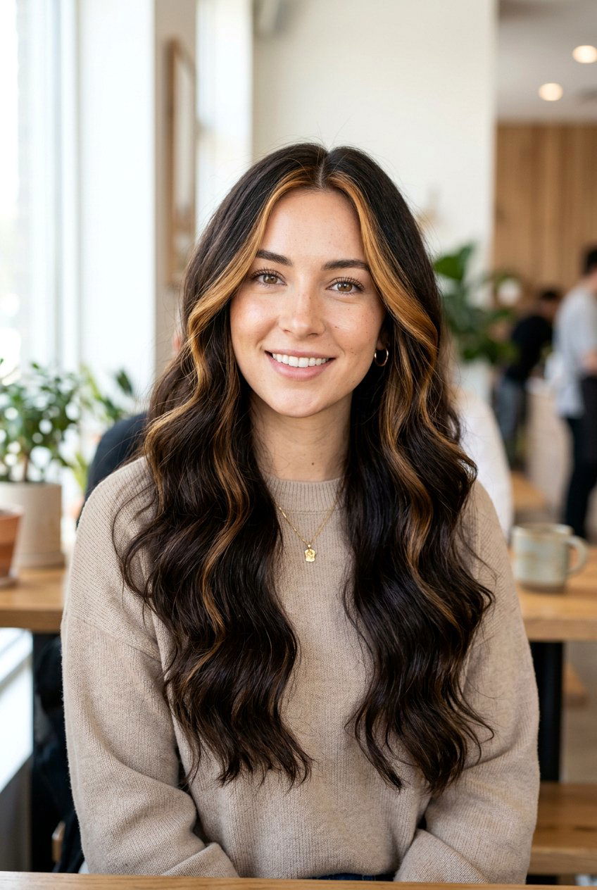 Caramel Money Piece on Espresso Brown Hair - 20 brunette hair with caramel money piece - 20 brunette hair with caramel money piece