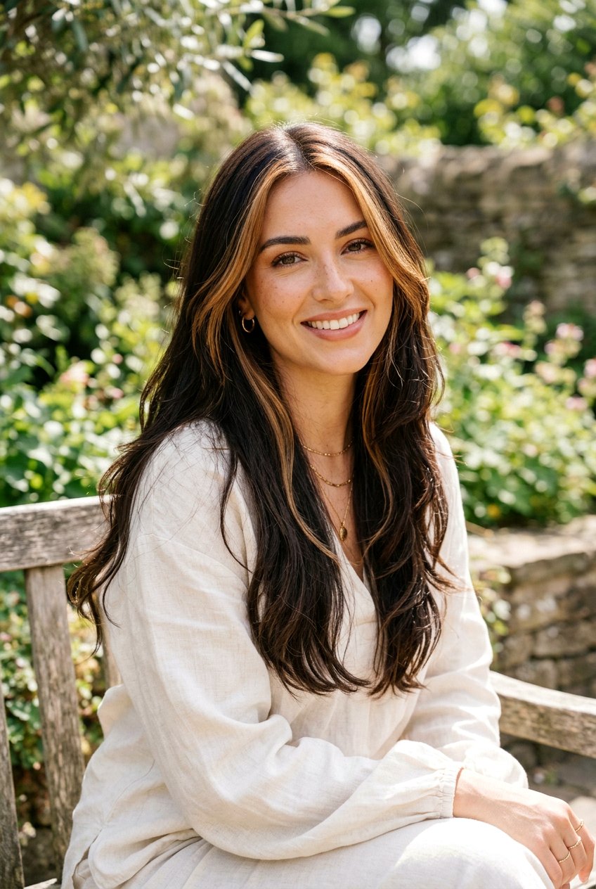 Caramel Money Piece on Long Brunette Layers - 20 brunette hair with caramel money piece - 20 brunette hair with caramel money piece