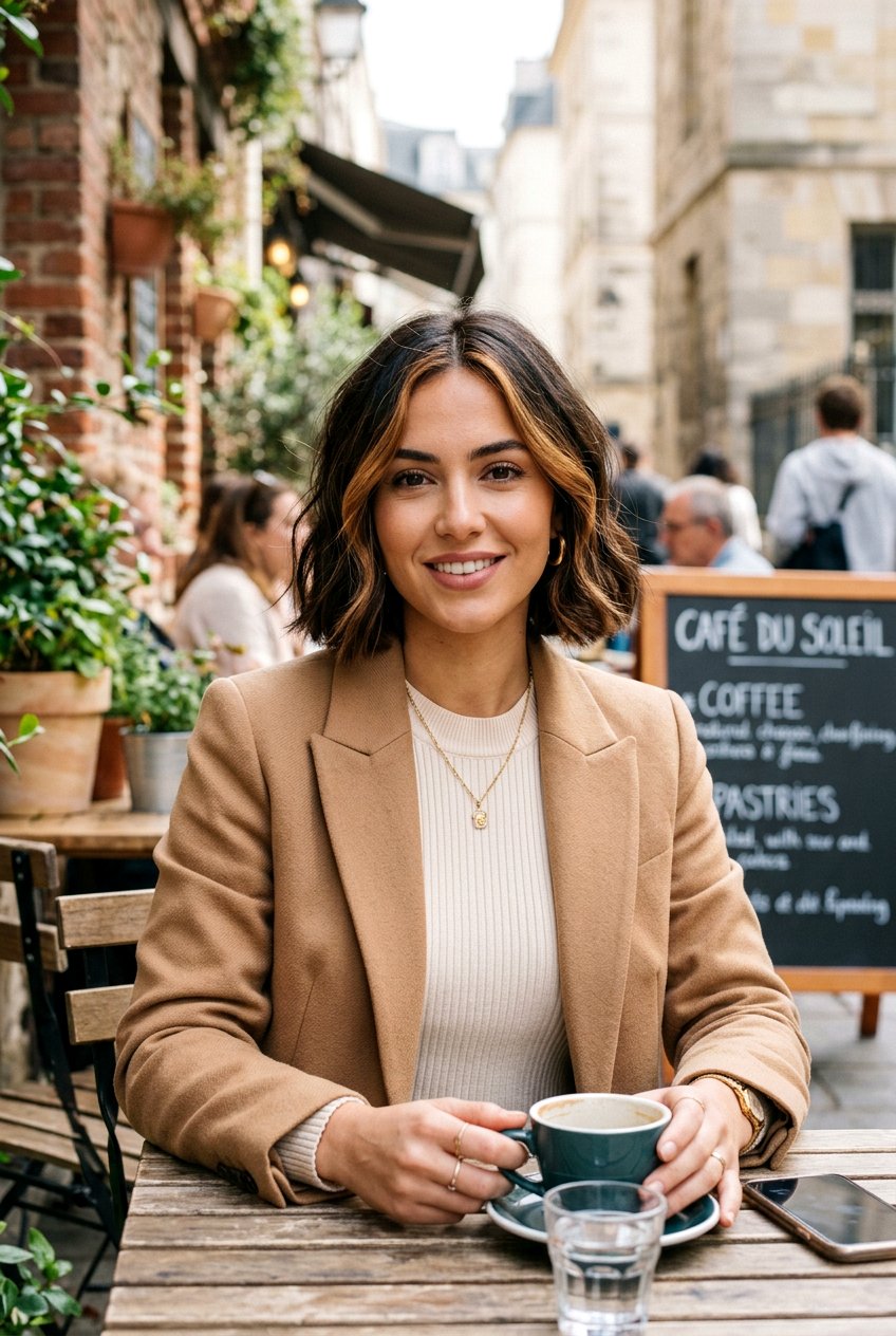 Caramel Money Piece on Short Brown Bob - 20 brunette hair with caramel money piece - 20 brunette hair with caramel money piece