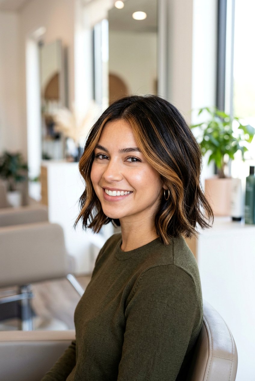 Caramel Ribbon Balayage on Bob Haircut - 20 caramel ribbon balayage - 20 caramel ribbon balayage