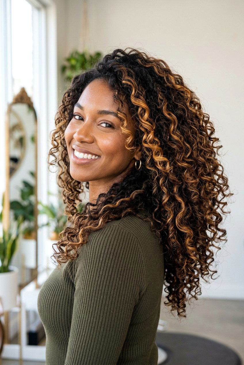 Caramel Ribbon Balayage on Curly Hair - 20 caramel ribbon balayage - 20 caramel ribbon balayage