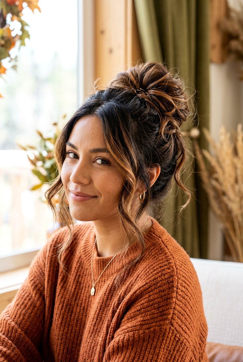 Caramel Ribbon Highlights On Messy Bun - 20 autumn caramel ribbons hair - 20 autumn caramel ribbons hair