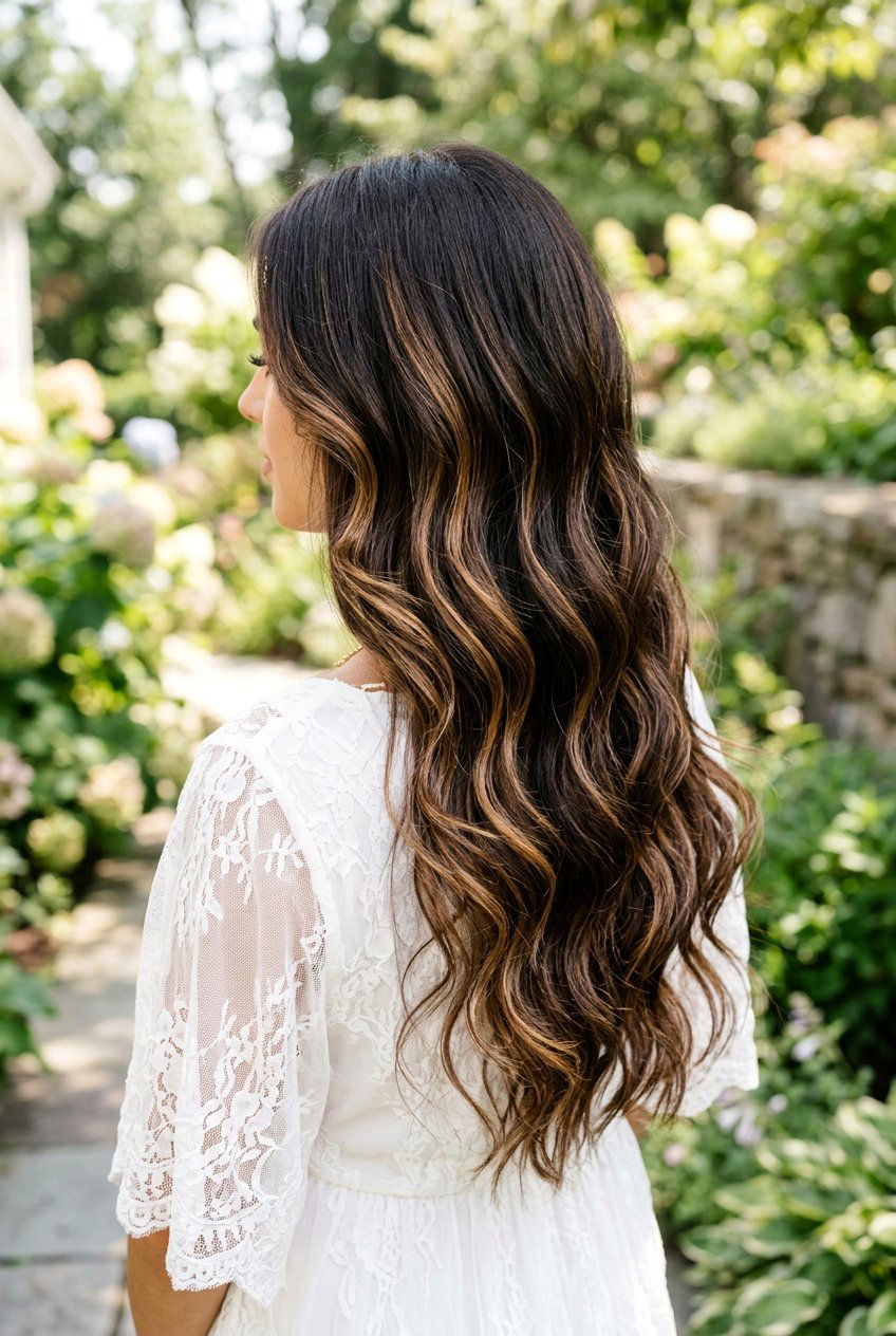 Caramel Ribbon Highlights on Long Dark Brunette Hair - 20 dark brunette with caramel ribbons - 20 dark brunette with caramel ribbons