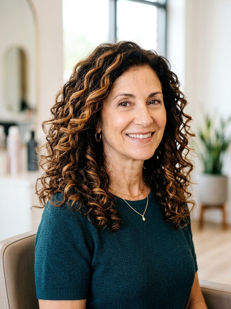 Caramel Ribbons On Brunette - 20 youthful hair color for older women - 20 youthful hair color for older women