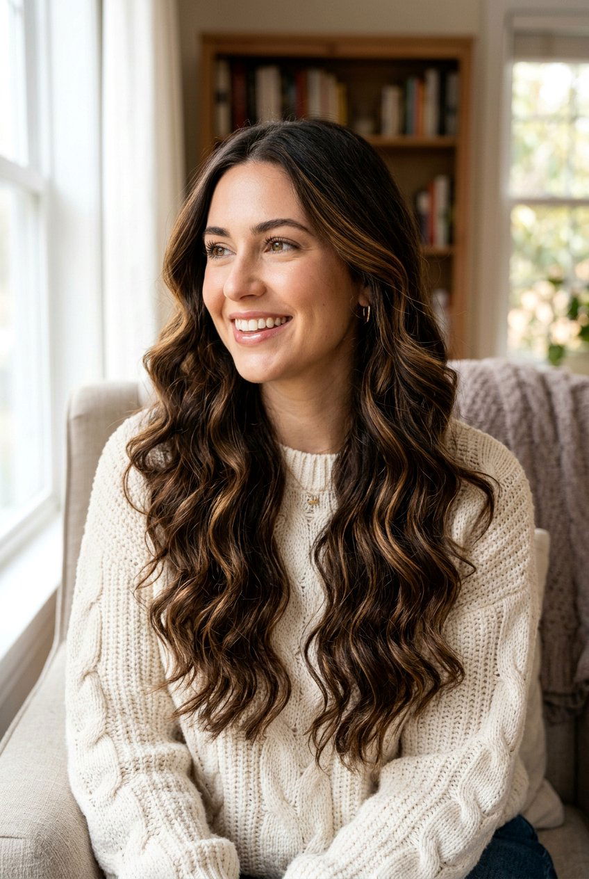 Caramel Toffee Ribbons on Dark Brunette Waves - 20 dark brunette with caramel ribbons - 20 dark brunette with caramel ribbons