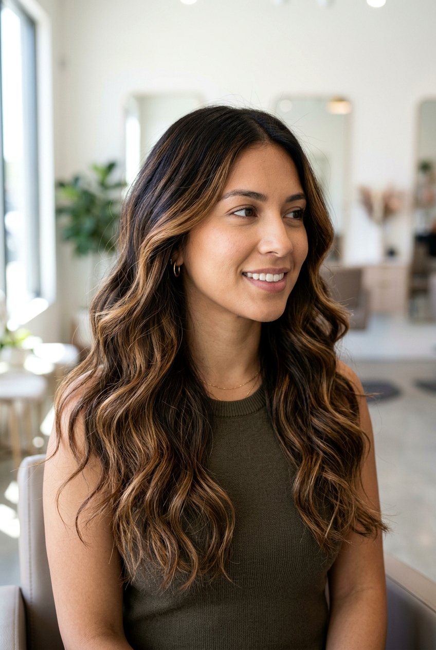 Caramel balayage on dark hair - 20 brunette hair ideas for winter - 20 brunette hair ideas for winter