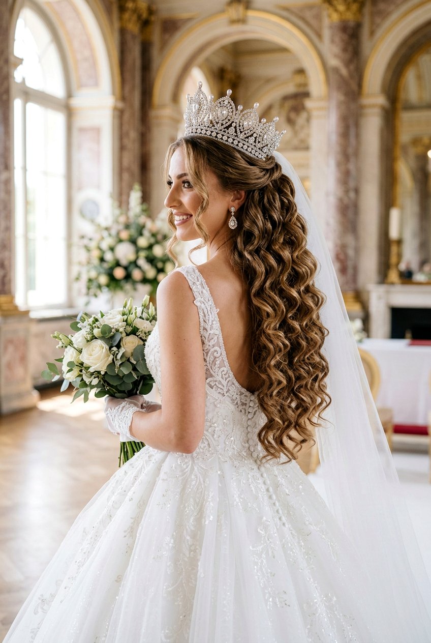 Cascading Curls With Crown Tiara - 20 bridal curls with tiara - 20 bridal curls with tiara