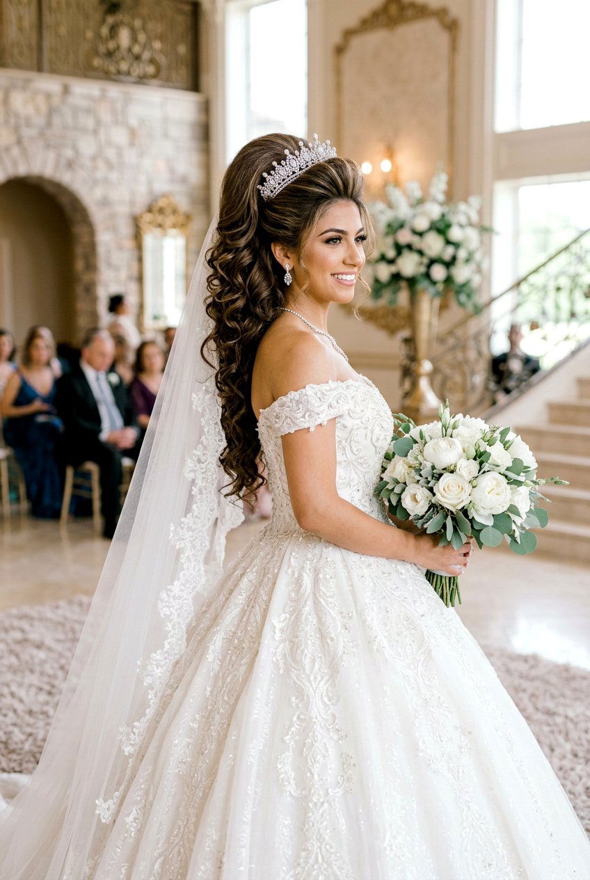 Cascading Curls With Front Pouf - 20 bridal hairstyle for veil and tiara - 20 bridal hairstyle for veil and tiara