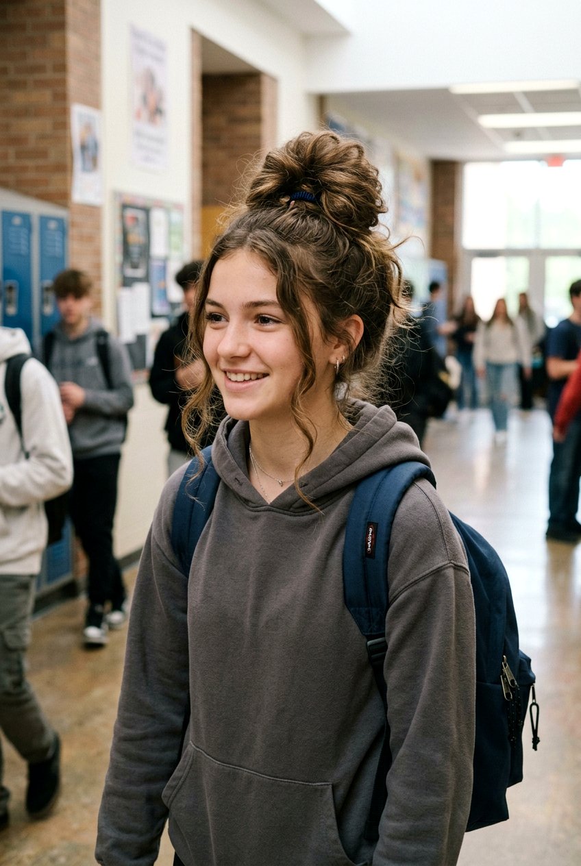 Casual High Messy Bun For School Girls - 20 school bun hairstyle for girls - 20 school bun hairstyle for girls