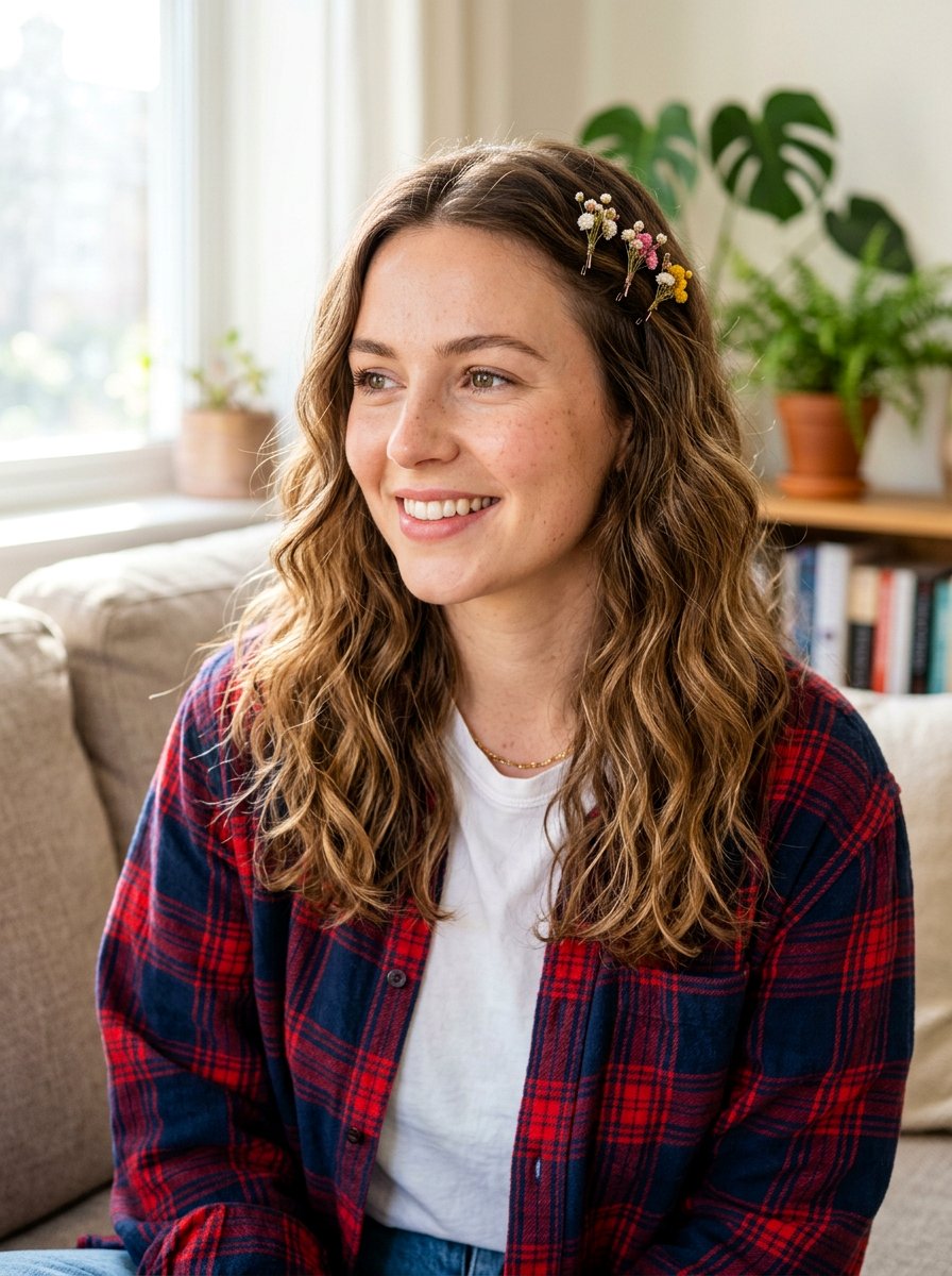 Casual Soft Waves With Small Bud Clips - 20 soft waves with flower clips - 20 soft waves with flower clips