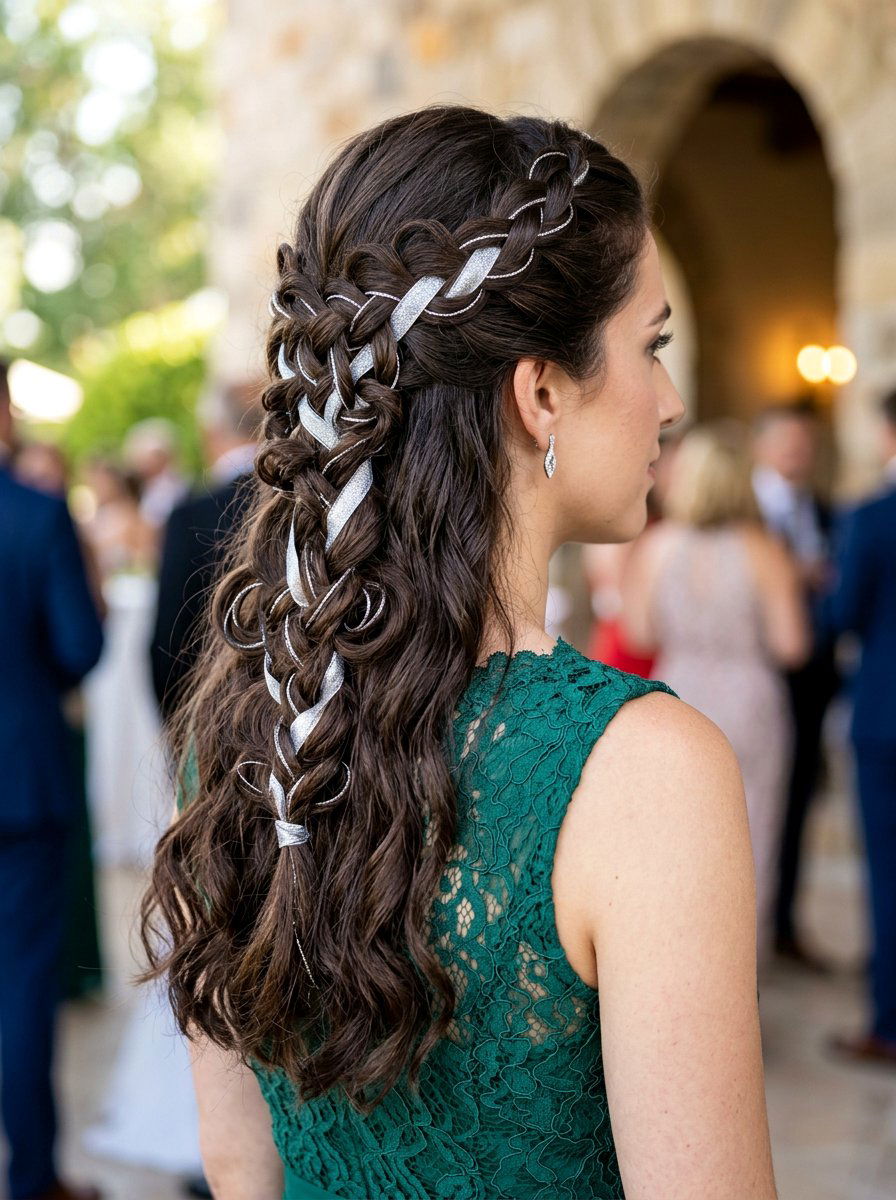 Celtic Knot Braid With Silver Ribbon - 20 silver ribbons for shoulder length hair - 20 silver ribbons for shoulder length hair