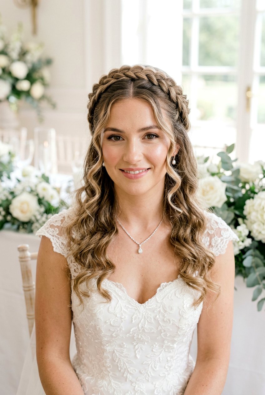 Center Part Bridal Braid Crown With Loose Curls - 20 bridal braid crown with loose curls - 20 bridal braid crown with loose curls