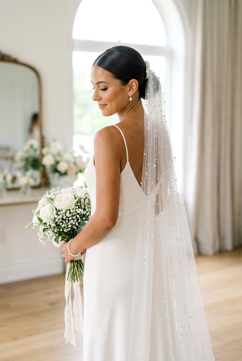 Center Part Bridal Low Bun With Pearl Veil - 20 bridal low bun with pearl veil - 20 bridal low bun with pearl veil