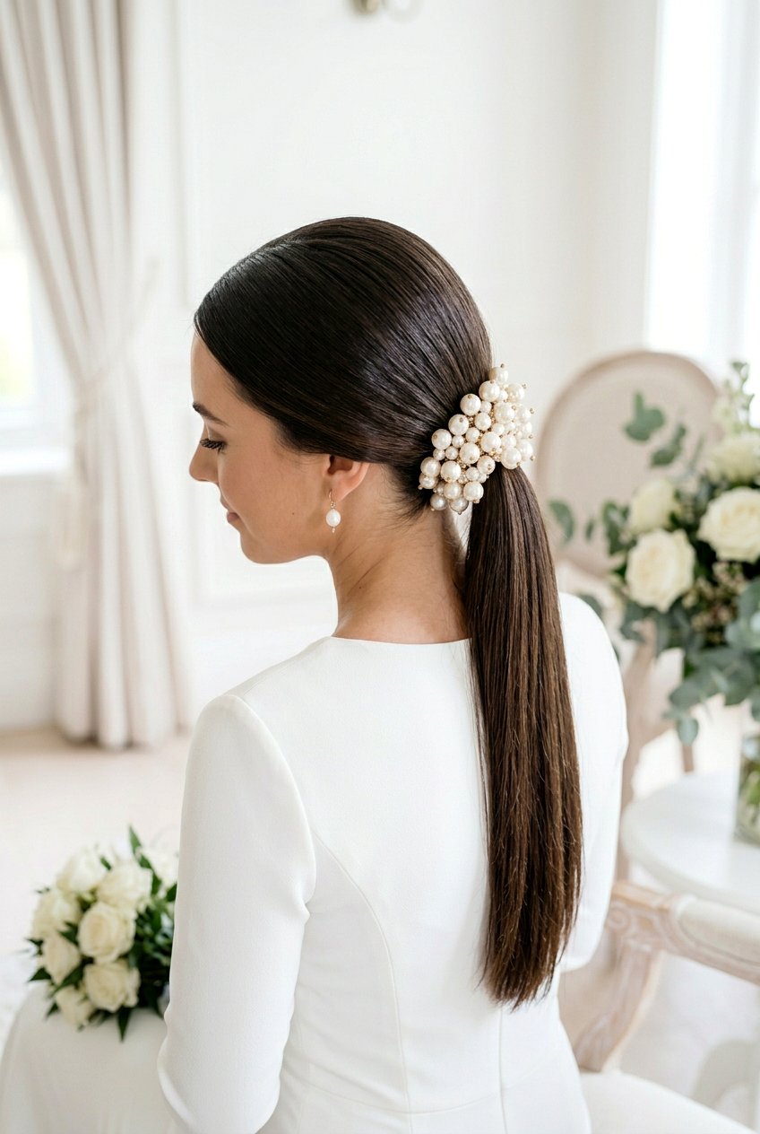 Center Part Bridal Ponytail With Pearl Pins - 20 bridal ponytail with pearl pins - 20 bridal ponytail with pearl pins