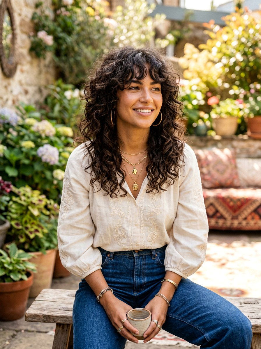 Center Part Curly Shag With Curtain Bangs - 20 soft glam hairstyle for curly hair - 20 soft glam hairstyle for curly hair