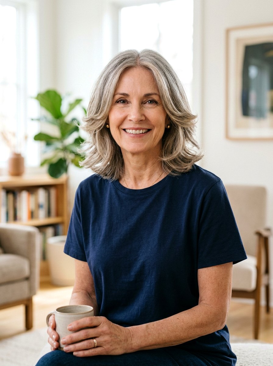 Center Part Feathered Lob - 20 soft feathered lob for older women - 20 soft feathered lob for older women