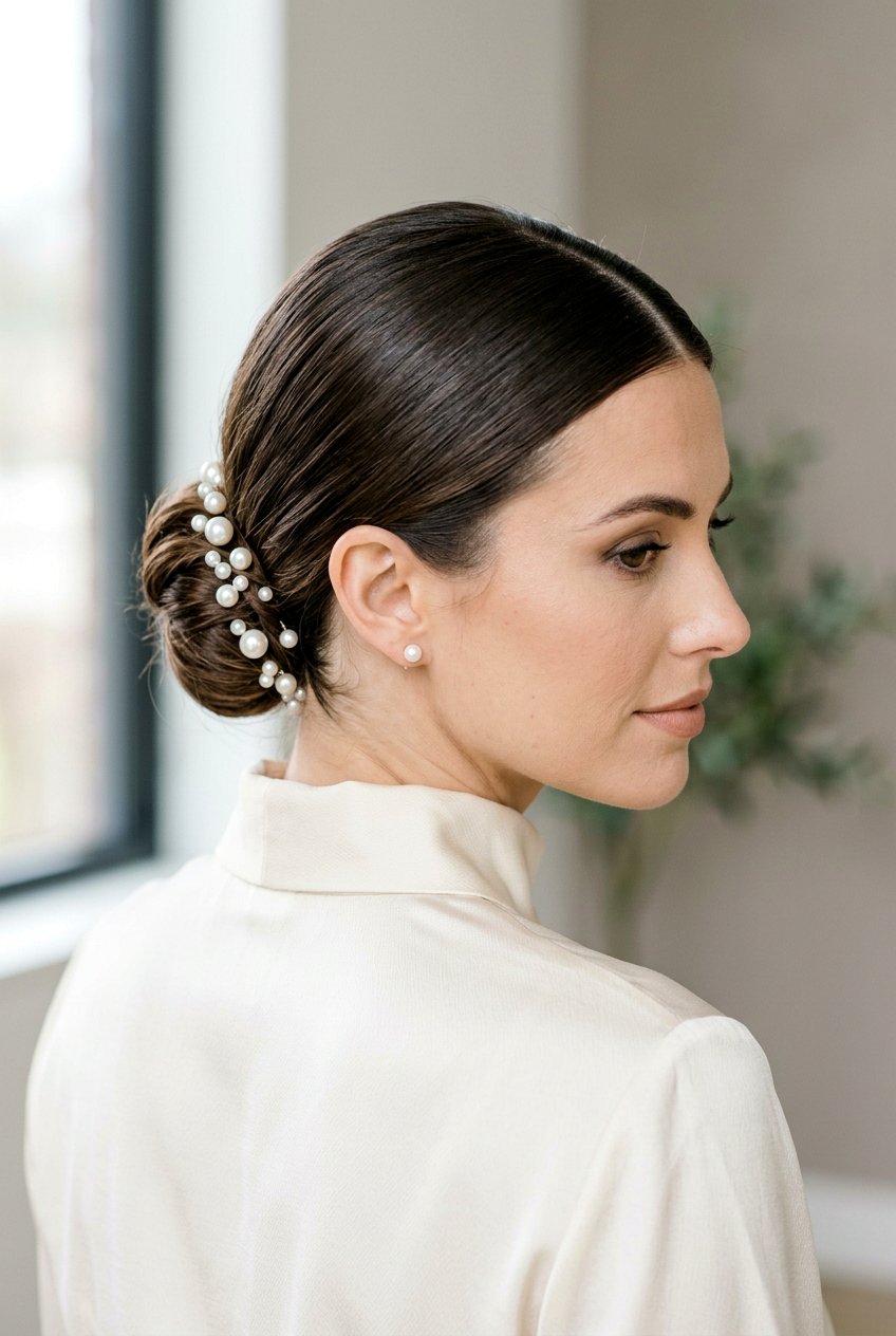 Center Part Low Bun With Pearl Accents - 20 birthday hairstyle with low bun and pearls - 20 birthday hairstyle with low bun and pearls