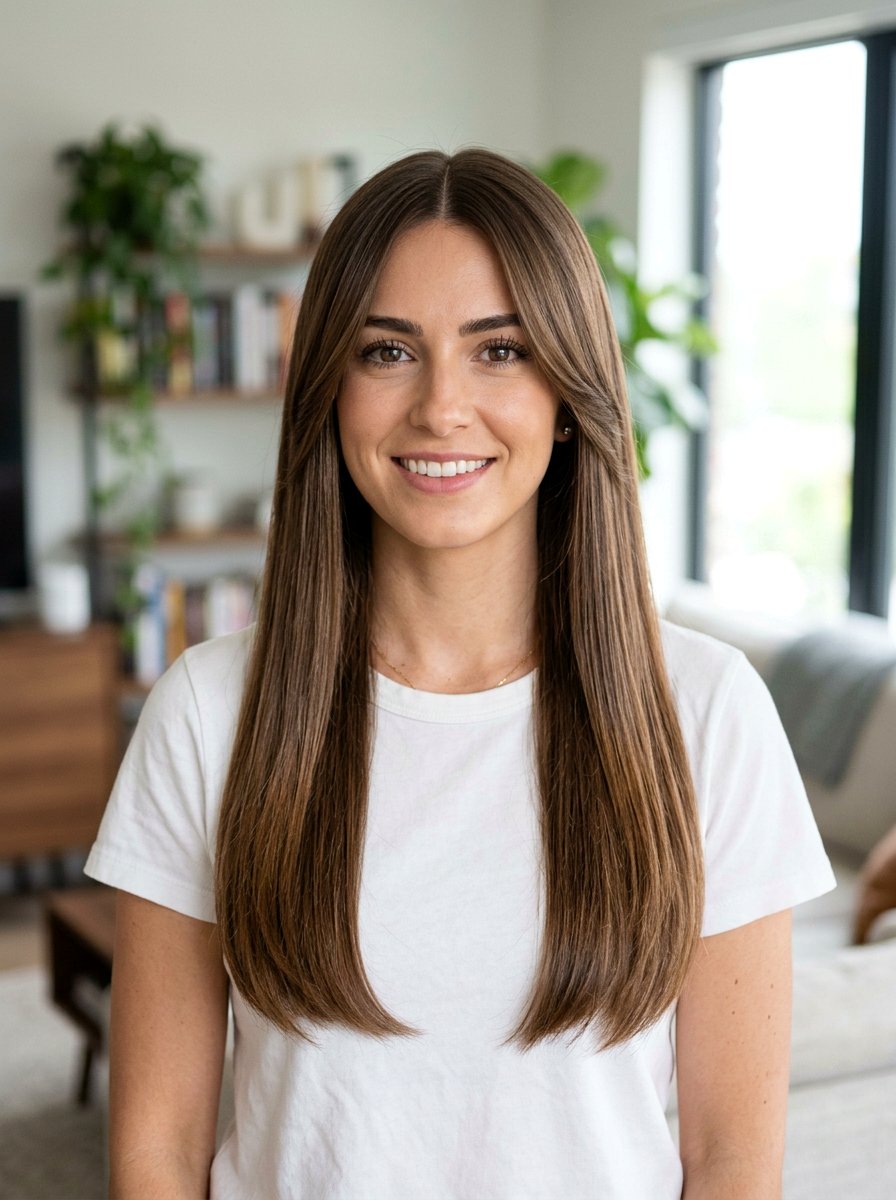 Center Part Pin Straight Haircut With Curtain Layers - 20 pin straight haircut with center part - 20 pin straight haircut with center part