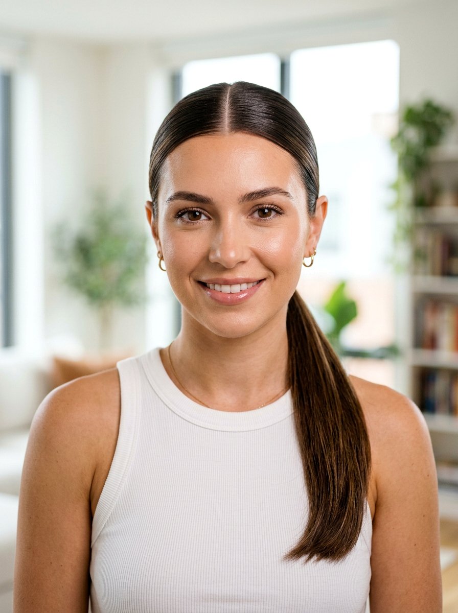 Center Part Sleek Ponytail Pilates - 20 pilates hairstyle with sleek ponytail - 20 pilates hairstyle with sleek ponytail