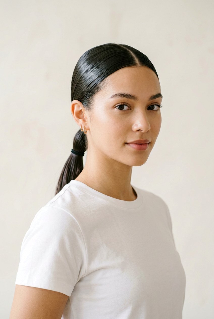 Center Part Sleek Ponytail - 20 runway wet look ponytail - 20 runway wet look ponytail