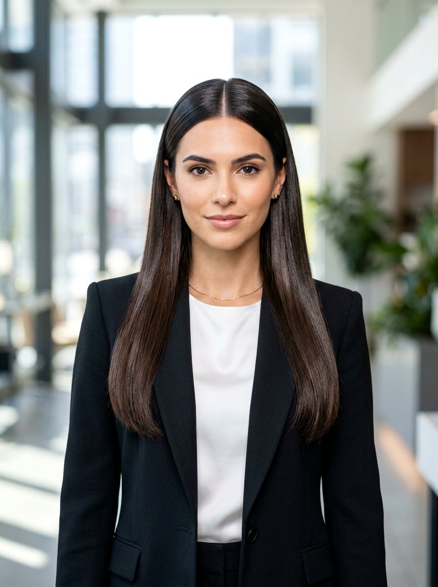 Center Part Sleek Straight Hair - 20 soft glam hairstyle for moms - 20 soft glam hairstyle for moms