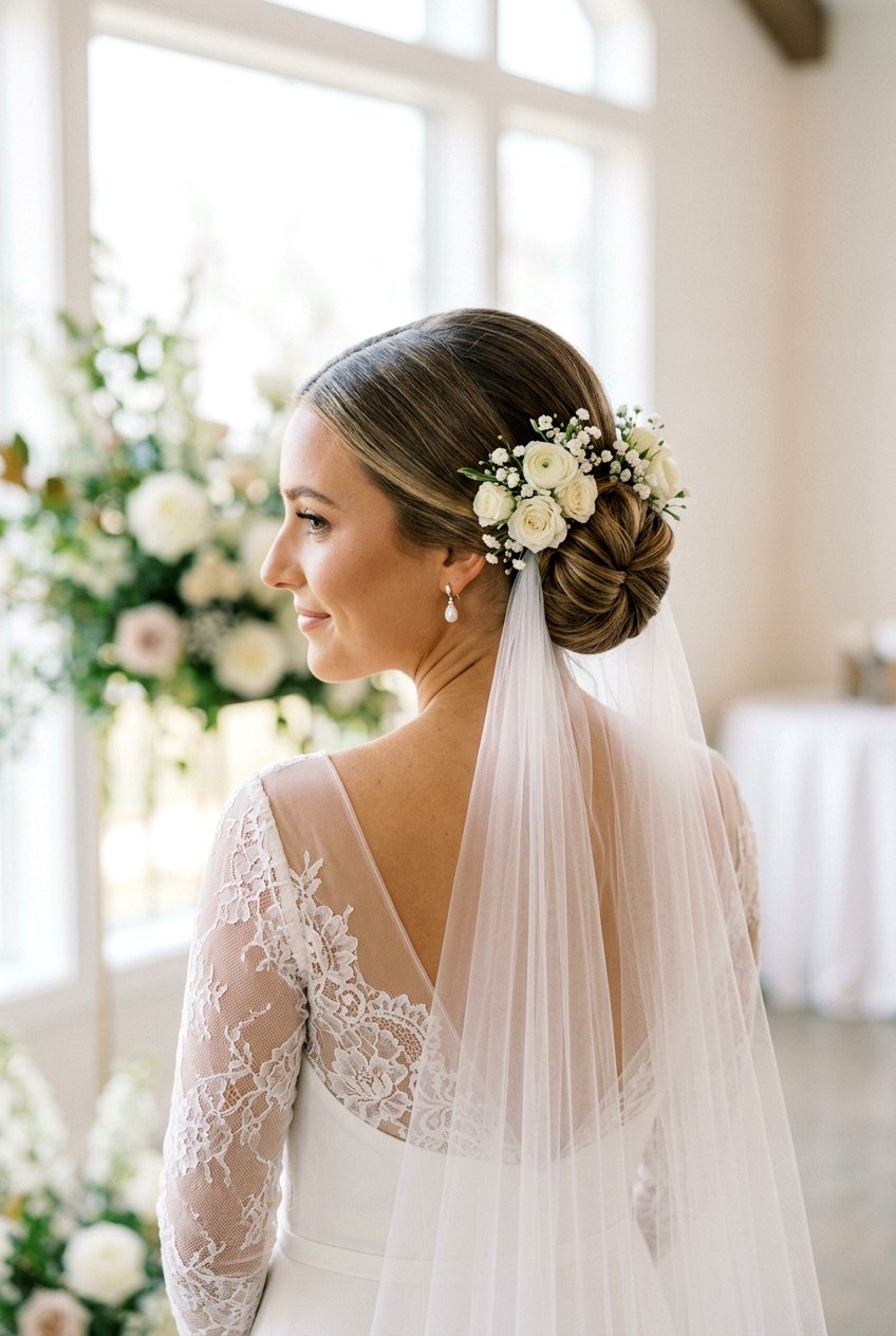 Center Part Updo Bridal Hairstyle - 20 bridal hairstyle for veil and flowers - 20 bridal hairstyle for veil and flowers
