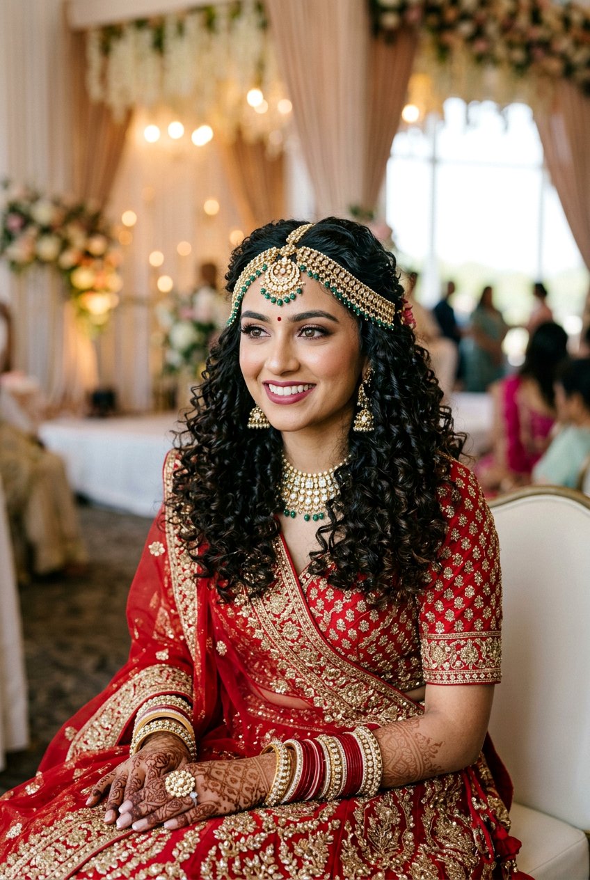 Center Parted Curls With Matha Patti - 20 pakistani bridal hairstyles - 20 pakistani bridal hairstyles