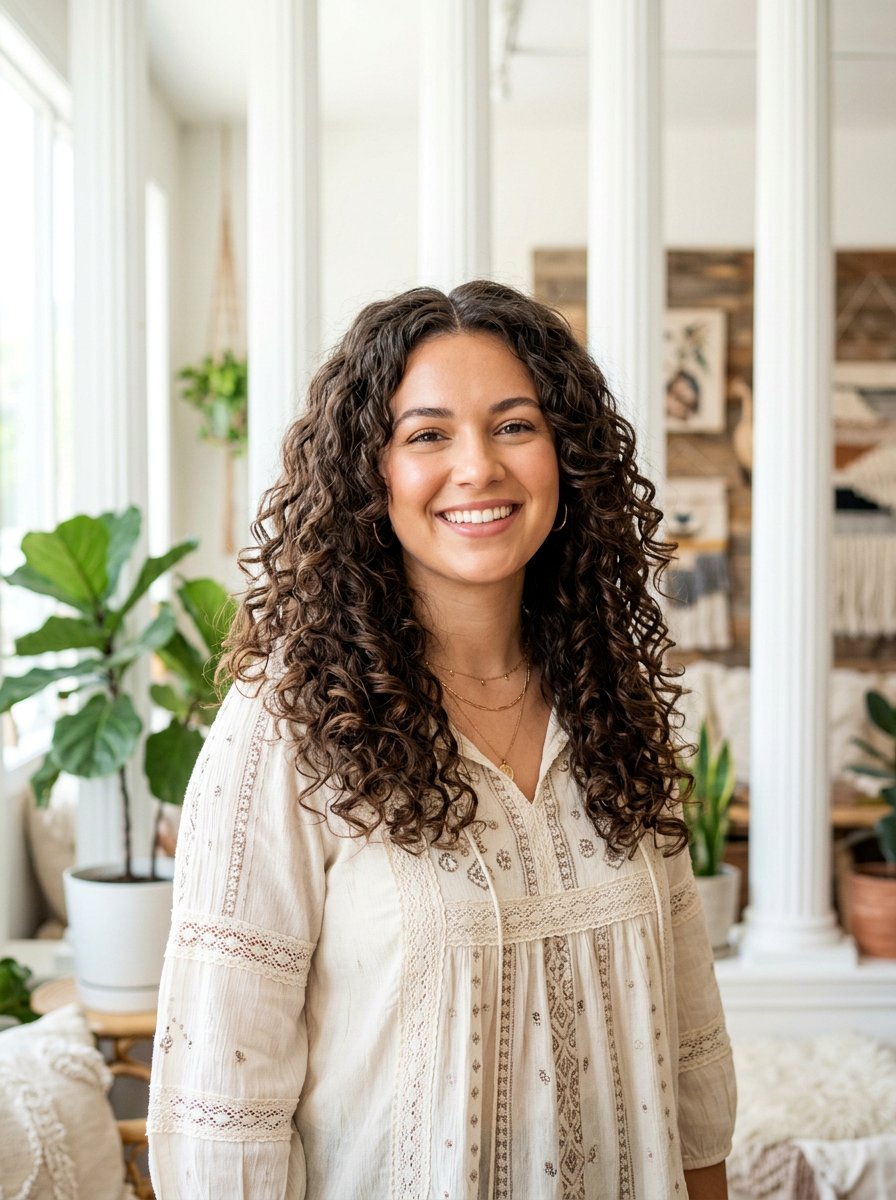 Center Parted Curly Layers For Round Face - 20 curly layered haircut for round face women - 20 curly layered haircut for round face women