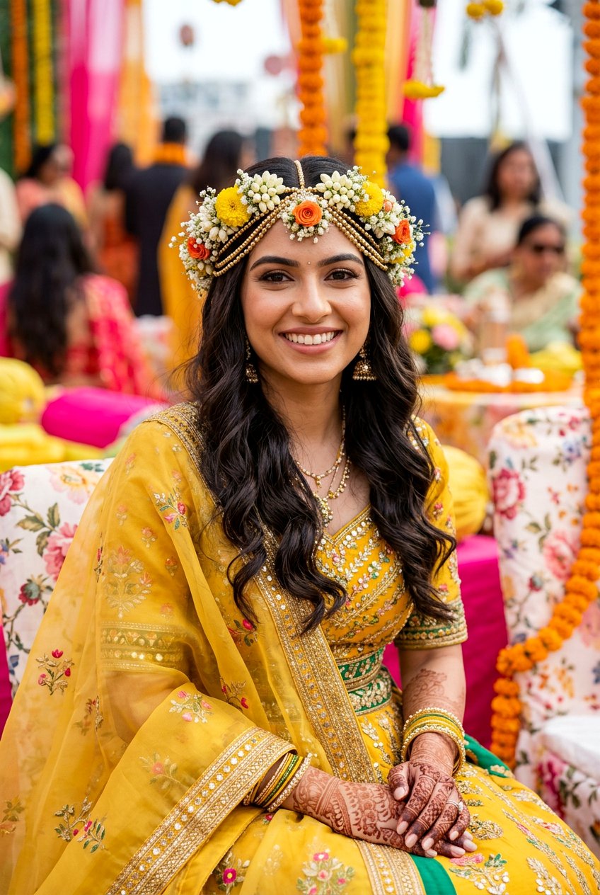 Center Parted Floral Mehndi Hair - 20 pakistani bridal hairstyles - 20 pakistani bridal hairstyles