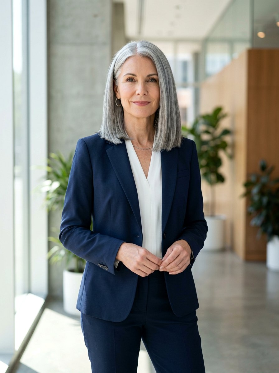 Center Parted Gray Blunt Lob - 20 elegant haircut for naturally gray hair - 20 elegant haircut for naturally gray hair