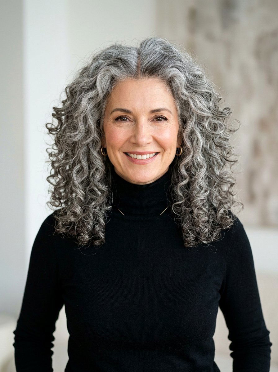Center Parted Gray Curly Hair - 20 shoulder length gray curls for older women - 20 shoulder length gray curls for older women