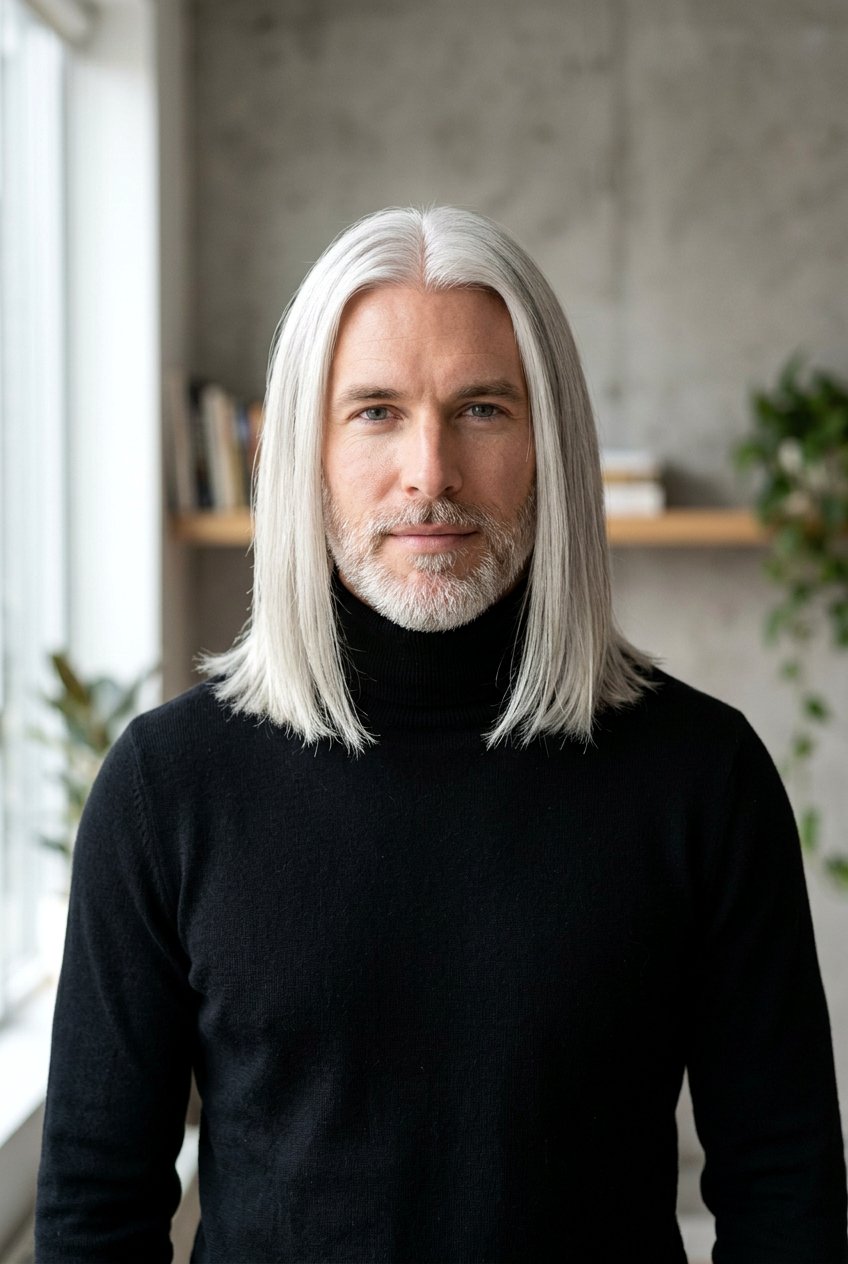Center Parted Straight Length - 20 long gray hairstyles for men - 20 long gray hairstyles for men