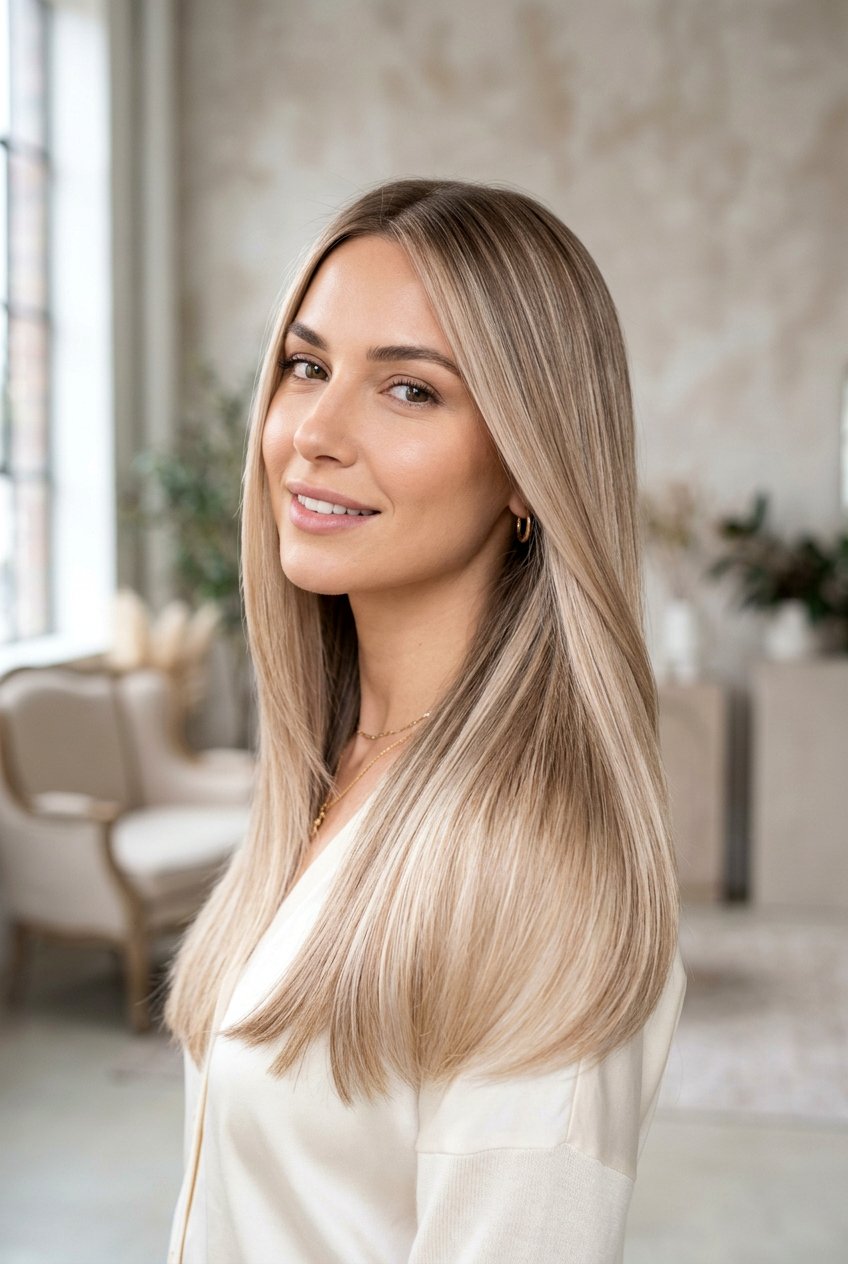 Champagne Blonde Balayage On Sleek Hair - 20 low maintenance blonde balayage - 20 low maintenance blonde balayage