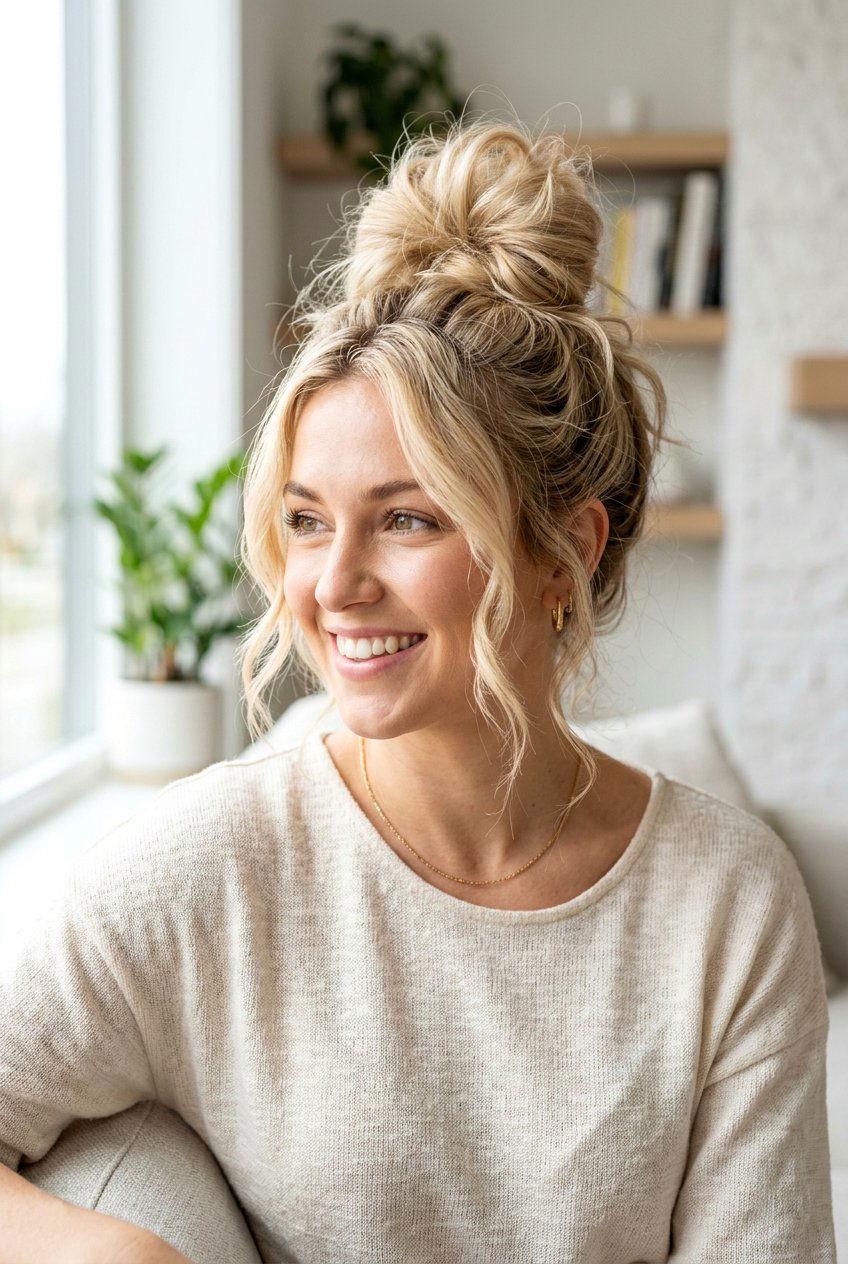 Champagne Blonde Messy Undone Top Knot - 20 undone bun hairstyles - 20 undone bun hairstyles