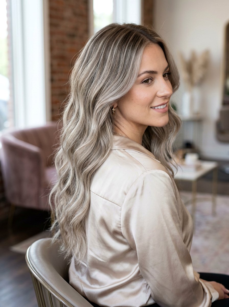 Champagne Gray Blonde Balayage Highlights - 20 rooted gray blonde balayage - 20 rooted gray blonde balayage