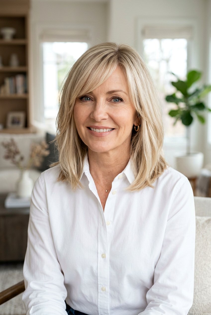 Champagne blonde lob with side bangs - 20 champagne blonde for women over 50 - 20 champagne blonde for women over 50