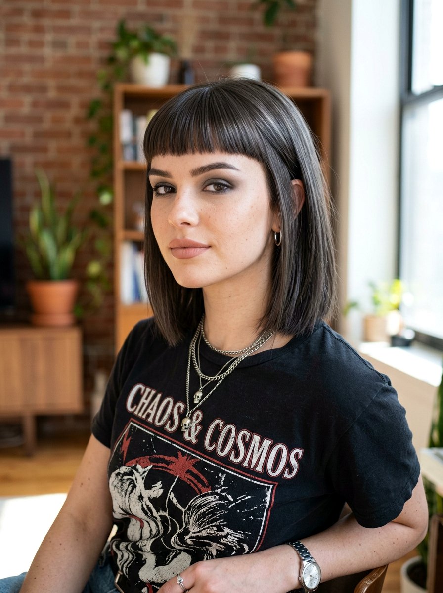 Charcoal Brunette Cool Tone Gloss On Micro Bangs - 20 cool tone gloss for brunette hair - 20 cool tone gloss for brunette hair