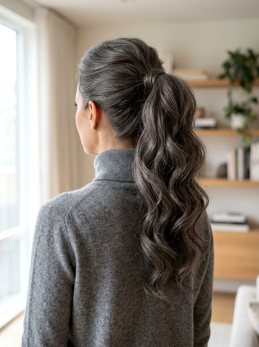 Charcoal Gray Soft Wave Ponytail - 20 soft goth ponytail hairstyle - 20 soft goth ponytail hairstyle