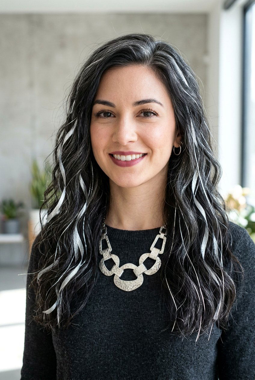Charcoal Hair With Silver Ribbons - 20 natural looking silver highlights - 20 natural looking silver highlights
